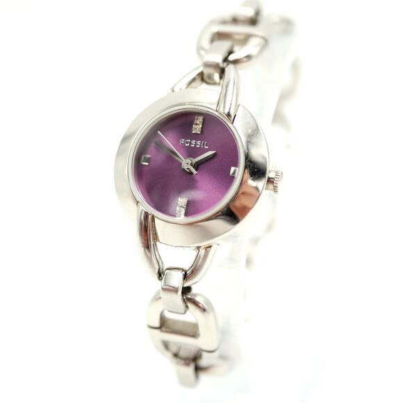 Fossil Accessories - Fossil Womens Silver Tone 23mm Purple Round Watch Bracelet ES2428 w New Battery